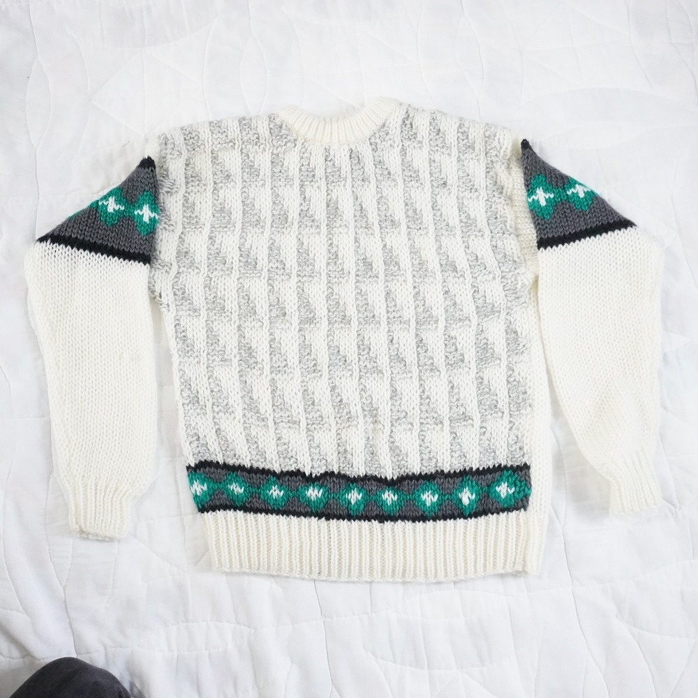 VTG 80s‎ Justin Blake Men's Crew Neck Sweater M White Geometric Pattern Acrylic